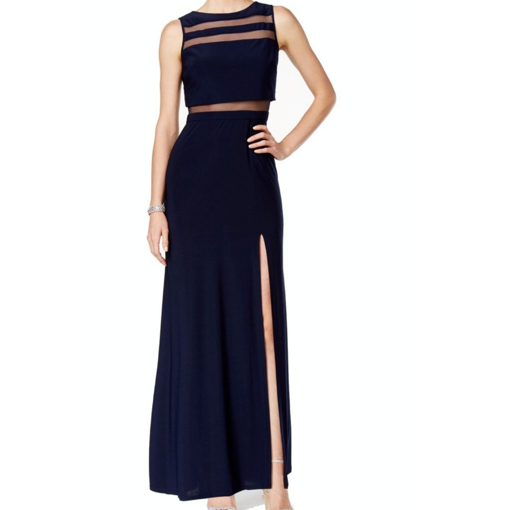 NWT Nightway Navy Illusion Side Slit Maxi Dress